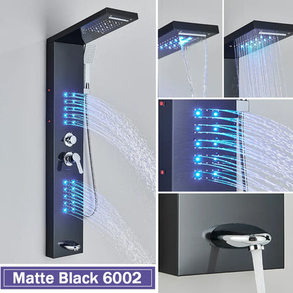 Columna de ducha DecorBites™ negra con iluminación LED, chorros de masaje y grifo mezclador tipo cascada