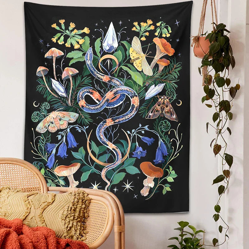 Mushroom Snake Tapestry Wall Hanging Hippie Boho Room Decor by Decobites