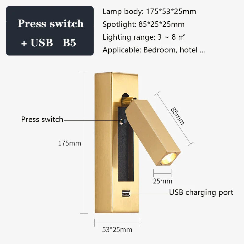 DecorBites™ Black Brass Wall Sconce with USB Port and Switch, 3W Spotlight for Bedroom