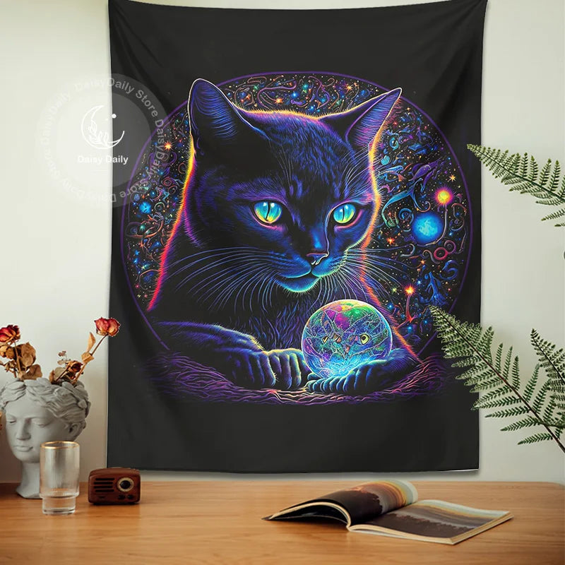 Decobites Black Cat Tapestry: Trippy Magic Crystal Ball Wall Art for Boho Home Decor