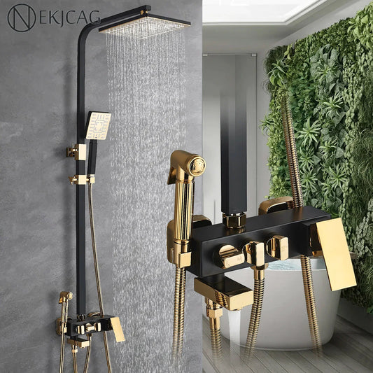 DecorBites™ Black Gold Shower Faucet Set with Bidet Function, Wall Mounted Rainfall Mixer