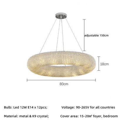 DecorBites™ Crystal Loft Chandelier: Modern Luxury Circle Pendant Lamp for Living Room Lighting