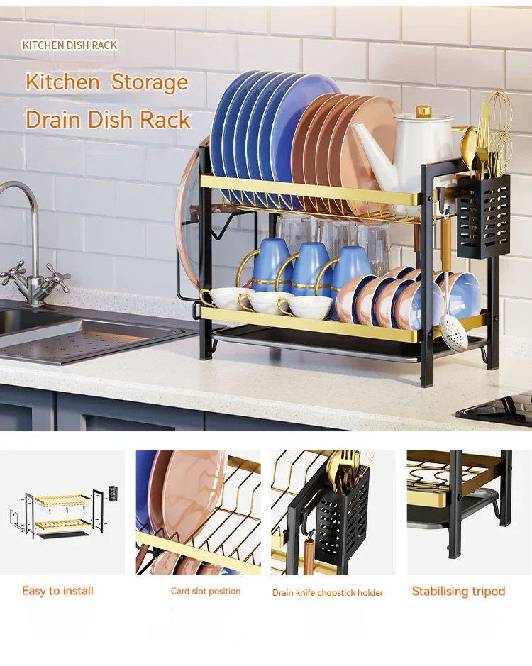 منظم تخزين أطباق المطبخ DecorBites™ ذو الطبقتين مع لوح تصريف