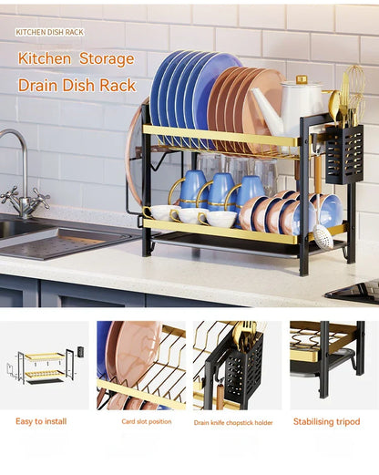 منظم تخزين أطباق المطبخ DecorBites™ ذو الطبقتين مع لوح تصريف