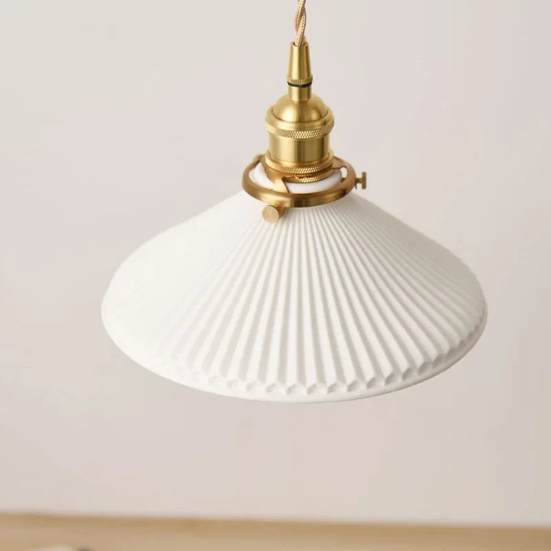 Japanese Ceramic Pendant Light in White and Bronze