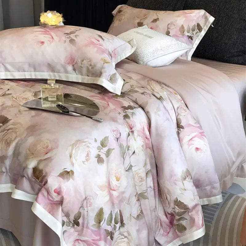 Decobites Pink Rose Flowers Print Bedding Set - 4Pcs