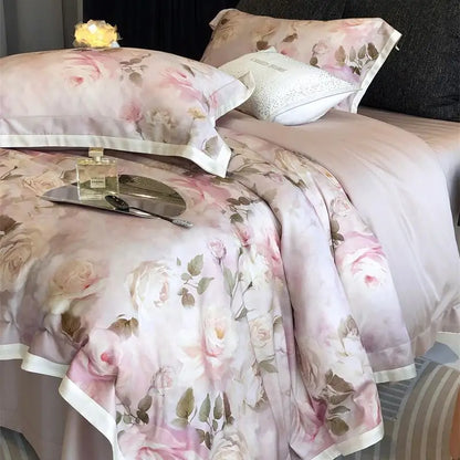 Decobites Pink Rose Flowers Print Bedding Set - 4Pcs