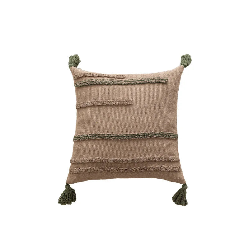 DecorBites™ Green Coffee Geometric Tuft Tassel Cushion Cover - Modern Minimalist Embroidered Pillowcase