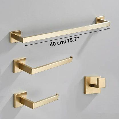 DecorBites™ Brushed Gold Bathroom Set: Towel Bar, Robe Hook, Shelf, Tissue Holder & Accessories