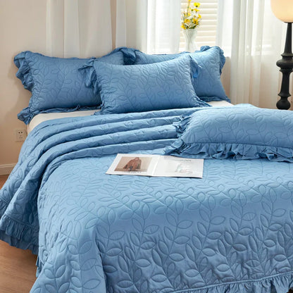 DecorBites™ Leaf Embroidery Double Layer Lace Ruffles Quilt Set with Bedspread & Pillowcases