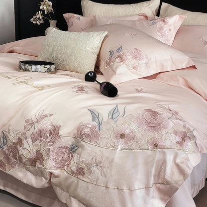 Decobites Luxury Flowers Embroidery Bedding Set 600TC Egyptian Cotton Duvet Cover Queen King Size