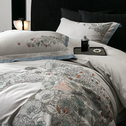 Decobites Cotton Flowers Horse Embroidery Luxury Bedding Set - Duvet Cover, Bed Sheet, Pillowcases