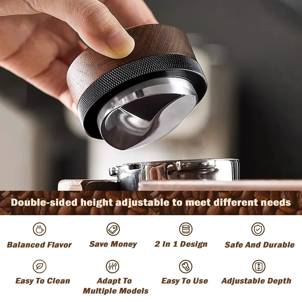 DecorBites™ Espresso Distribution Tool & Tamper - Adjustable Depth, Wooden, 51/53/58mm Sizes