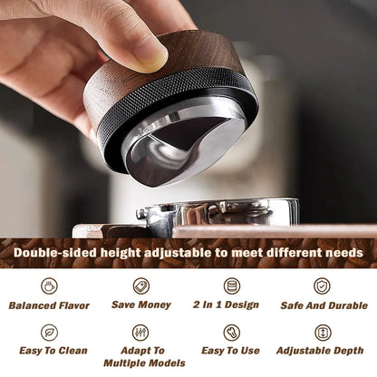 DecorBites™ Espresso Distribution Tool & Tamper - Adjustable Depth, Wooden, 51/53/58mm Sizes