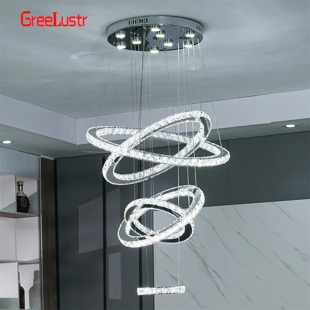 DecorBites™ Crystal Chrome LED Pendant Light Rings Chandelier for Living Room Bedroom