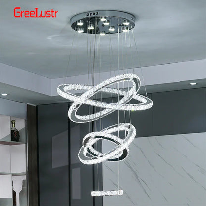 DecorBites™ Crystal Chrome LED Pendant Light Rings Chandelier for Living Room Bedroom