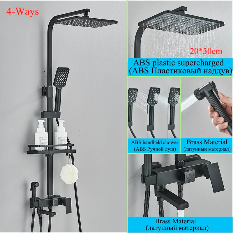 Juego de grifería para ducha DecorBites™ de latón negro con caño giratorio para bañera y columna de ducha tipo lluvia