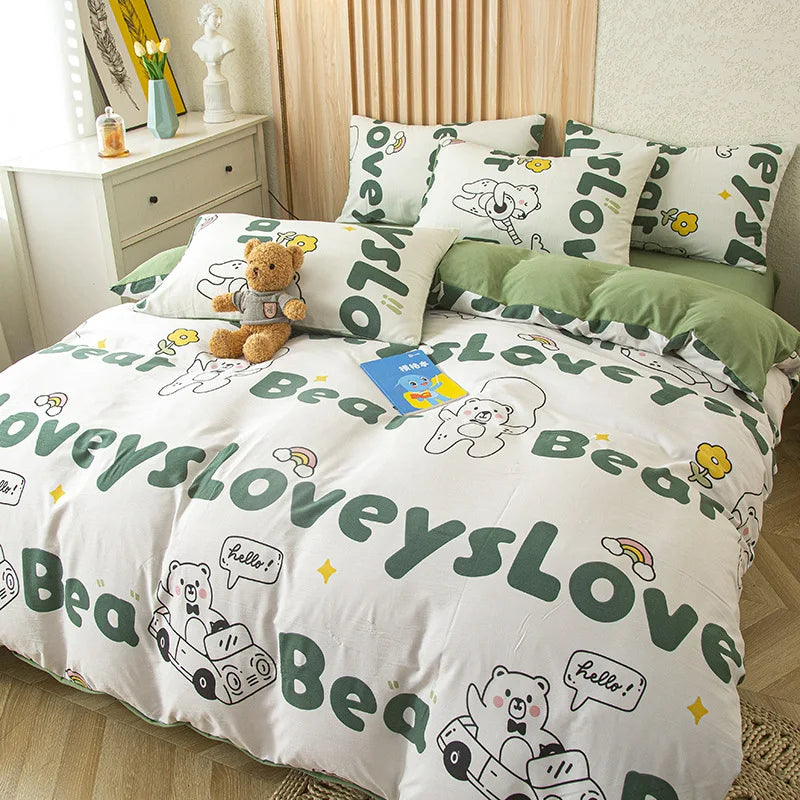 DecorBites™ Cute Cat Bear Print Bedding Set - Single Queen, Fashionable Design for Boys & Girls