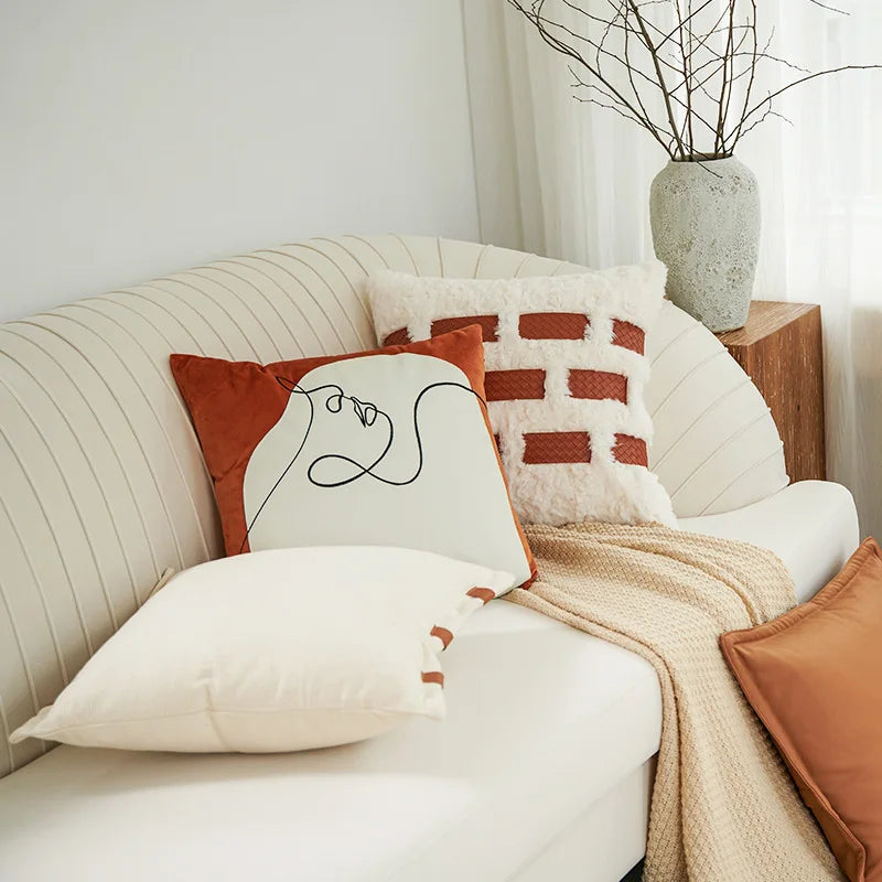 DecorBites™ Abstract Plush Burnt Orange Embroidered Pillow Cover 45x45cm Ivory Decoration