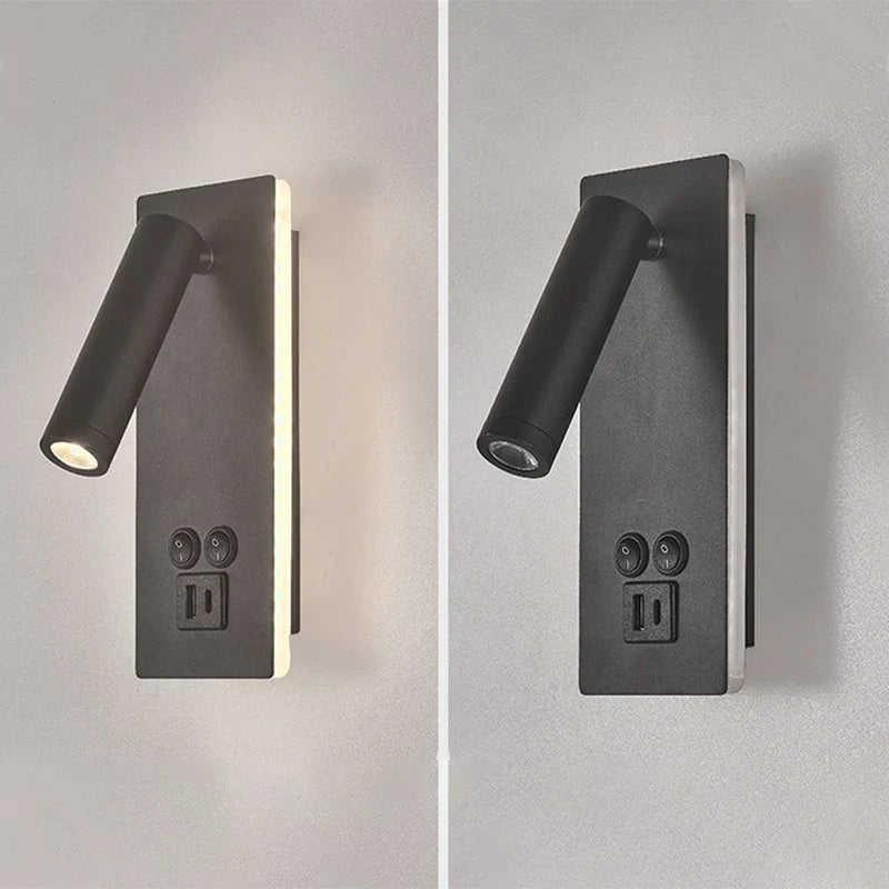 DecorBites™ Black Brass LED Wall Lamp with USB Port & Switch - 3W Spotlight for Bedroom