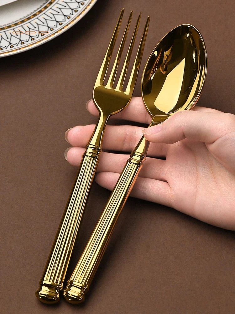 DecorBites™ Golden Stainless Steel Flatware Set, 4Pcs Fork Knife Spoon Cutlery Kit.