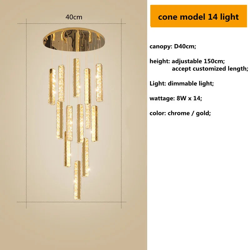 DecorBites™ Gold Chrome Steel Crystal Pendant Lights with Dimmable LED for Villa Stair