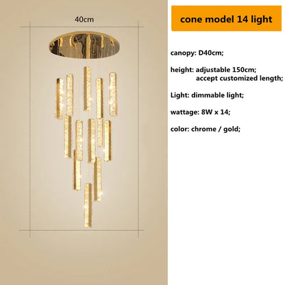 DecorBites™ Gold Chrome Steel Crystal Pendant Lights with Dimmable LED for Villa Stair