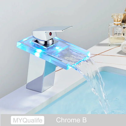DecorBites™ LED Waterfall Basin Faucet - Color Changing, Single Handle, Deck Mounted.