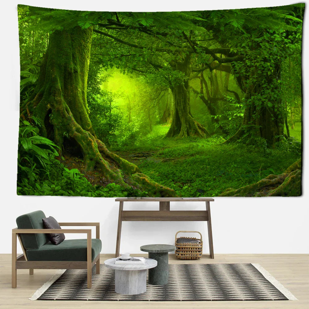 Green Leaf Forest Tapestry Wall Hanging by Decobites - Nature Scenery Boho Hippie Decor