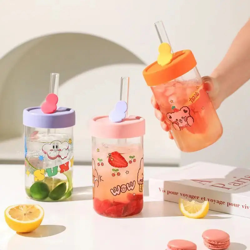 DecorBites™ Cartoon Glass Cup with Lid & Straw - 600ml Drinkware