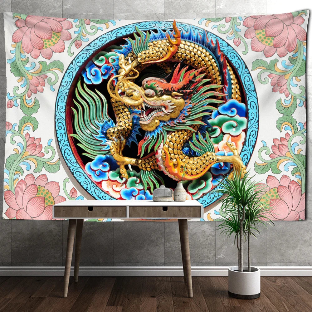 DecorBites™ Golden Dragon Totem Carving Tapestry: Mysterious Psychedelic Wall Hanging