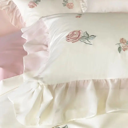 Decobites Rose Flowers Cotton Lace Ruffles Wedding Bedding Set