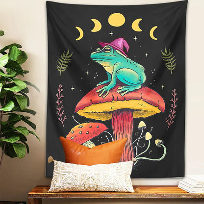 Decobites Frog on Mushroom Tapestry Wall Hanging: Aesthetic, Magic, Wizard, Cottagecore, Boho, Hippie, Moon Phase