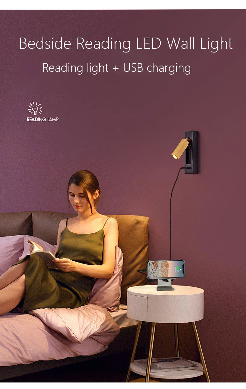 DecorBites™ Black Brass Wall Sconce with USB Port and Switch, 3W Spotlight for Bedroom