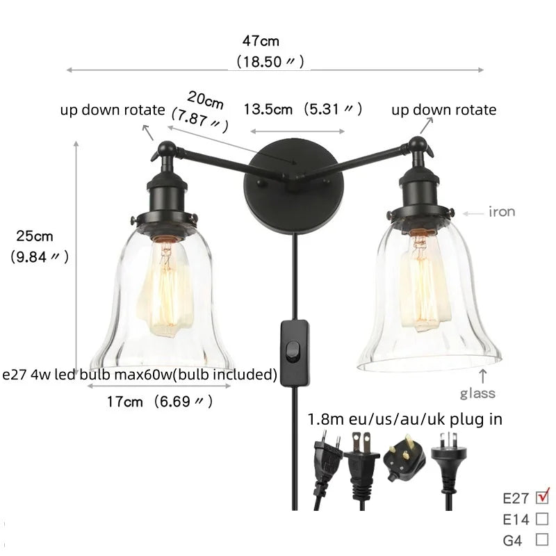 DecorBites™ Black LED Wall Sconce 2-Head Lamp for Bedroom Bathroom Mirror