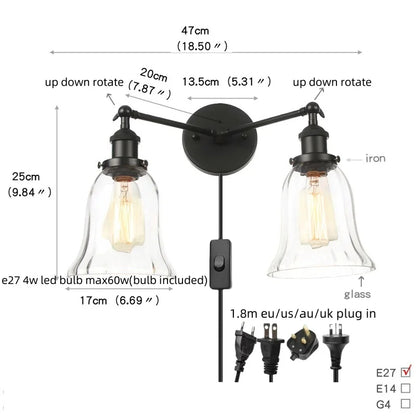 DecorBites™ Black LED Wall Sconce 2-Head Lamp for Bedroom Bathroom Mirror