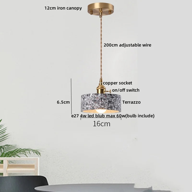 DecorBites™ LED Terrazzo Pendant Lamp White Stone Wood Hanging Light