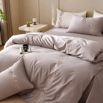 Decobites Elegant Lily of the Valley Embroidery Brown Cotton Bedding Set