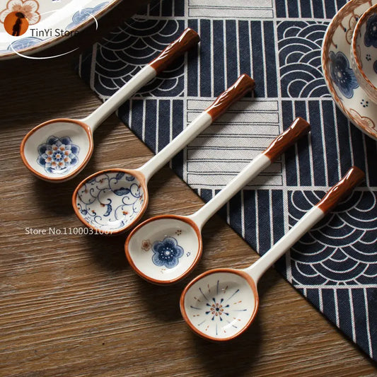 DecorBites™ Japanese Vine Ceramic Spoon Set - Ins Wind Hand-painted Long Handle Dessert Spoons