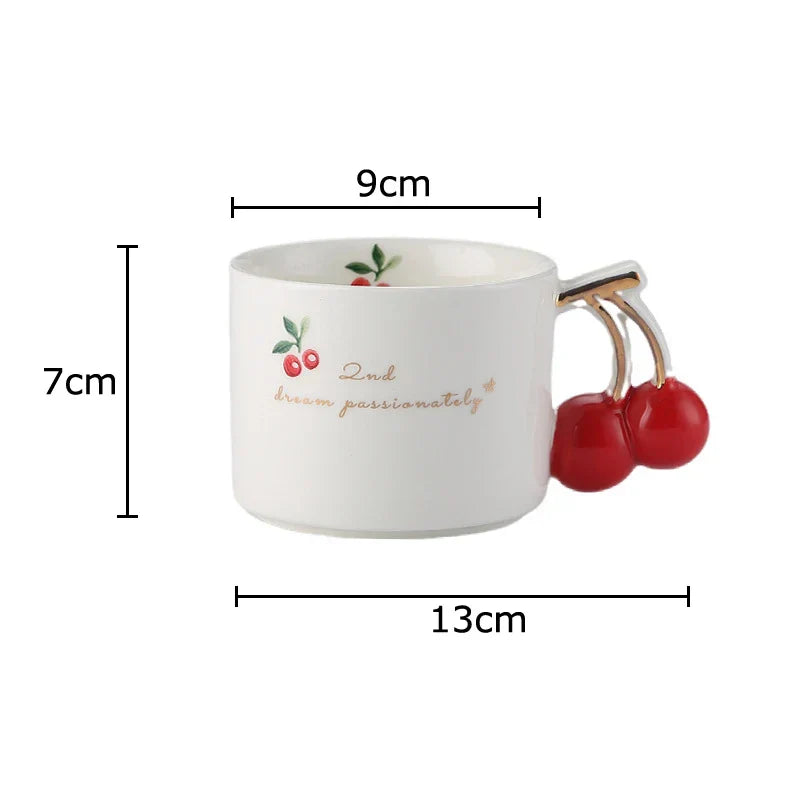 DecorBites™ Cherry Pattern Porcelain Coffee Mug, Gilded Edge Teacup for Afternoon Tea & Juice