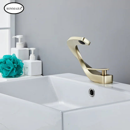 SONMAJIA Brass Golden Bathroom Faucet, Hot and Cold Single Handle Faucet, Solid Brass Basin Mixer Faucet with Unique Design