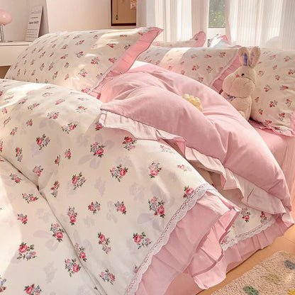 Decobites Floral Ruffles Bedding Set with Duvet Cover, Sheets, and Pillowcases