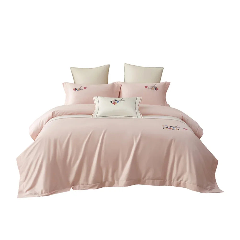 Decobites Pink Satin Jacquard Lotus Duvet Set 4Pcs Queen King Bedlinens