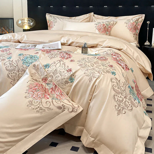 Decobites Luxury Flowers Embroidery Cotton Bedding Set - Queen King Size