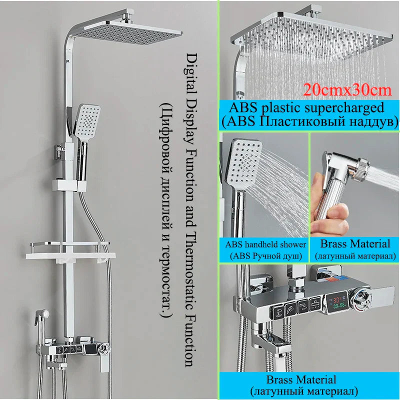 DecorBites™ Digital Display Thermostatic Shower Faucet Set with Rain Shower Column, Black