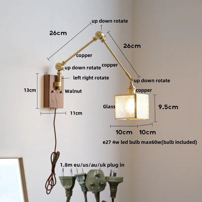 Aplique de pared DecorBites™ con luz LED, diseño cúbico de madera de nogal y cristal, con interruptor de cadena.