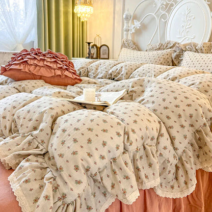 Decobites Double Layer Lace Ruffles Floral Bedding Set with Duvet Cover, Bed Skirt, Pillows