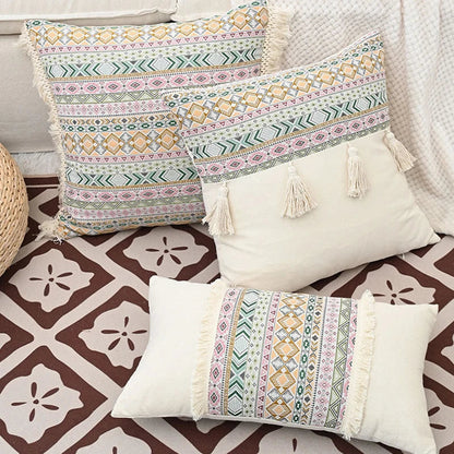 DecorBites™ Handmade Tassel Cushion Cover Retro Jacquard Patchwork Fringed Pillow Cover