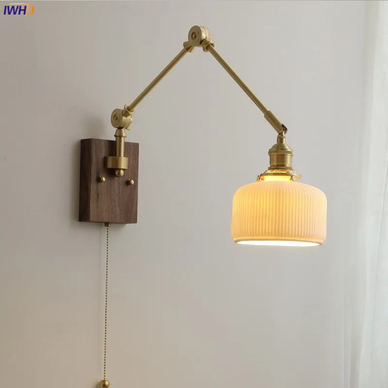 مصباح حائط نحاسي من DecorBites™ مع مفتاح سلسلة سحب، تصميم نورديك، لمبة LED، عاكس ضوء سيراميكي