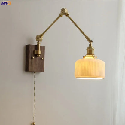 مصباح حائط نحاسي من DecorBites™ مع مفتاح سلسلة سحب، تصميم نورديك، لمبة LED، عاكس ضوء سيراميكي